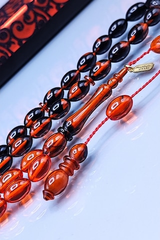 7 x 11 MM Beyzi Mustafa Uysal İmzalı Turuncu Siyah Ateşi Kehribar Tesbih