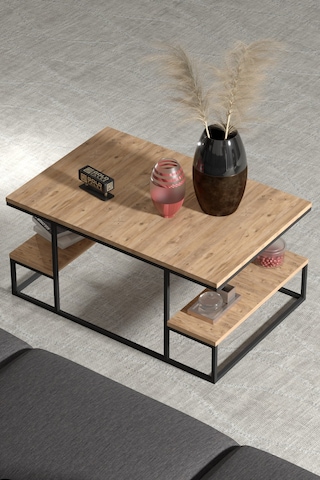 Reyo Falez Deluxe Raflı Orta Sehpa 60x90 Cm Modern Dikdörtgen Orta Sehpa Atlantik Çam