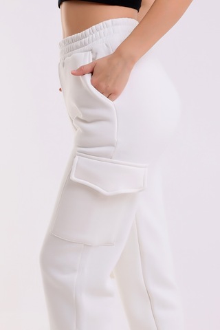 Winmoda34 Kadın Jogger Kalın 3 İplik Yandan Cepli Kargo Eşofman Altı Ekru