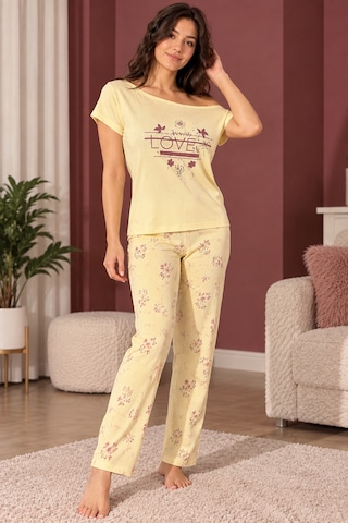 Üç Gül Ticaret Kadın Sarı Çiçek Desenli Omuz Detaylı Love Pijama Takımı Sarı Sarı