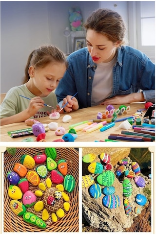 Taş Boyama Seti 1 Paket Taş Boyama Hobi Doğal Taş Akrilik Boya Fırça Çocuklar İçin Sanat Ve El Sanatları