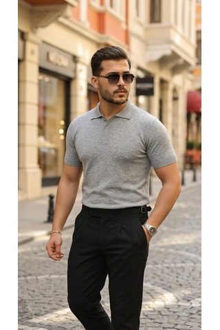 Veraura Lifestyle Erkek Düğme Yakalı Kısa Kollu Pamuk Triko Tişört gri
