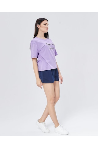 Bella Dossi Pamuklu Kısa Kollu Baskılı Şortlu Kadın Pijama Takımı Mor