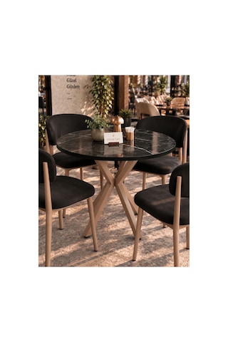 Mutfak Cafe Balkon Bahçe Restoran Yemek Masası 70x70 Cappuccino Siyah Traverten Yuvarlak Mermer Desen - Siyah - Cappuccino Mermer Desen - Siyah - Cappuccino
