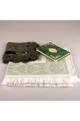 Şal + Seccade + Tesbih + Yasin Hediye Seti Çanta Boy, Şems Lafzatullah, Raşel Cilt, Yeşil