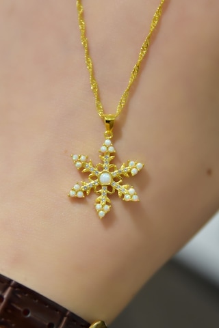 Papatya Silver 925 Ayar Gümüş Gold Kaplama Singapur Zincir Opal Kar Tanesi Kadın Kolye