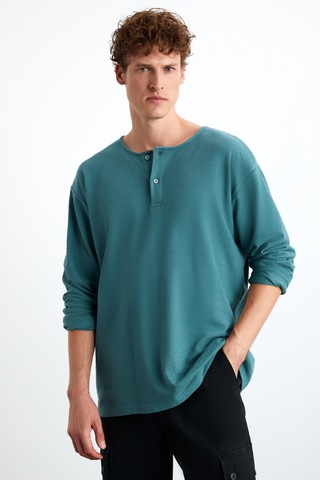 Grımelange Lorenzo  Erkek Özel Rustik Dokulu %100 Organik Pamuk Düğme Detaylı Regular Yeşil Sweatshirt