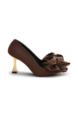 Kadın Gold Topuk Saten Fiyonk Detaylı Topuklu Ayakkabı Kahverengi