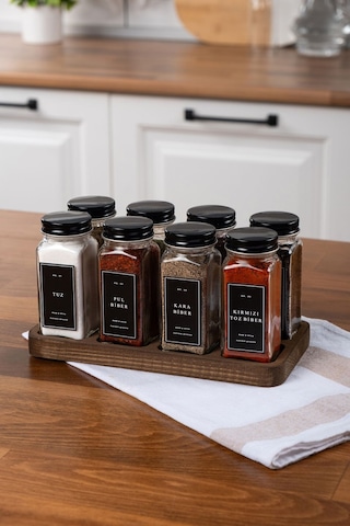 Mienda Home 8'li Ahşap Standlı Cam Baharatlık Seti Siyah Kapaklı Etiketli Baharatlık Mh01syh08 Siyah - Şeffaf