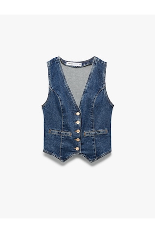 Koton V Yaka Kolsuz Düğmeli Cep Detaylı Denim Yelek Orta İndigo 6wal20002md Indigo