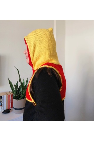 Kemzey Handmade El Yapımı Balaklava, Örgü Şapkalı Boyunluk , Yünlü Şapka Sarı - Kırmızı