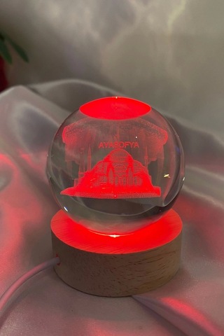 3d Led Işık Gecelambası Cam Küre Çok Renk Günışığı Ahşap Ayasofya Cami Gece Lambası 6 Cm