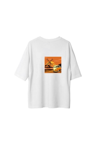 Paybuy Sunset Yolculuğu Vintage Minibüs Tasarımı Baskılı Kadın Oversize Beyaz