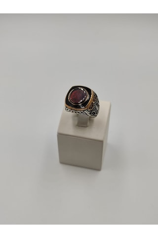 Kırmızı Taşlı Yuvarlak Kesim Erkek Yüzüğü 24 Mm 925 Ayar Gümüş Yü