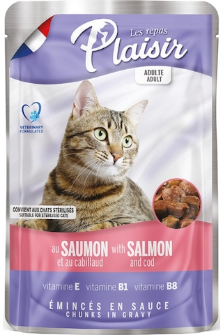 Plaisir Somonlu ve Morina Balıklı Pouch Yetişkin Kedi Yaş Maması 22 x 100 G