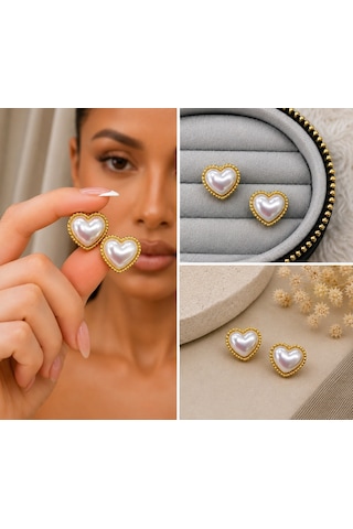 Premium Parlak Gold Renk İnci Görünümlü Kalp Model Kadın Bijuteri Küpe Altın - Beyaz