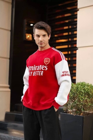 Erkek Bisiklet Yaka Kolu Şeritli Nakışlı Sweatshirt - Kırmızı