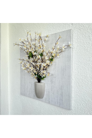 Kabartma Dokulu, Beyaz Sakura Çiçekli 3d Tablo