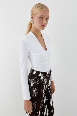 V Yaka Uzun Kollu Body Beyaz Beyaz