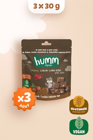 Humm Organic Organik Glutensiz Vegan Kakaolu ve Fındıklı Kek Atıştırmalık 3 x 30 G