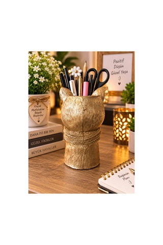 Dekoratif Tilki Figürlü Makyaj Fırçalığı Kalemlik Saksı Organizer Polyester 20x10 Cm Altın
