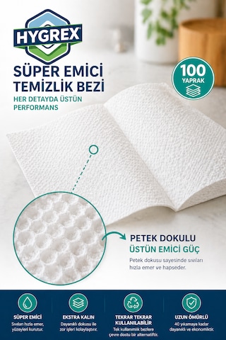Hygrex Çok Amaçlı Temizlik Bezi Dev Boy 100 Yaprak Ekstra Kalın Petek Dokulu Yıkanabilir Kullan At Havlu Beyaz