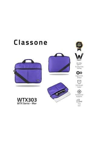 Classone Wtx303 Wtxpro Serisi 15.6 İnch Su Geçirmez Kumaş Apple Uyumlu MacBook , Laptop , Notebook El Çantası- Mor