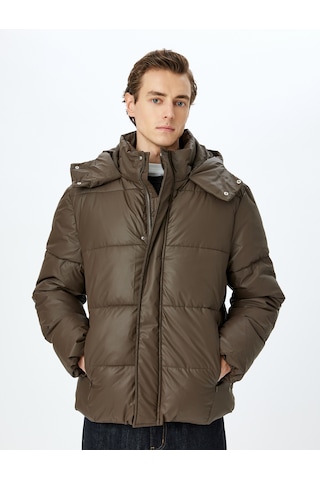 Koton Slim Fit Kapşonlu Suni Deri Şişme Mont Kahverengi 5wam20034hw Kahve Kahverengi