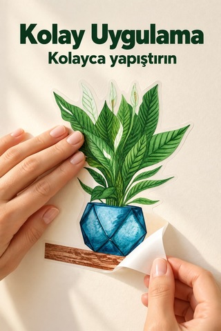 Saksı Ve Çiçek Desenli Yapışkanlı Duvar Sticker Yeşil