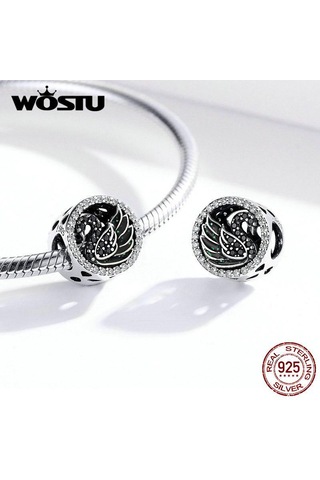 Wostu 925 Ayar Gümüş Siyah Kuğu Boncuk Zirkon Yuvarlak Takılar Fit Bilezik Kolye Takı Gümüş