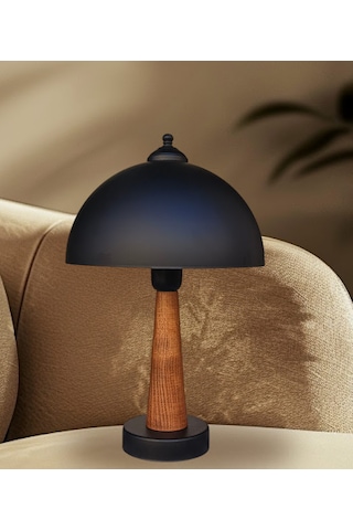 Legna Abajur Siyah Metal Sıvama Siyah Şapkalı Ahşap Gövdeli