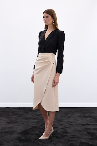 Sateen Düğme Detaylı Kalem Etek - Bej-136777 Bej