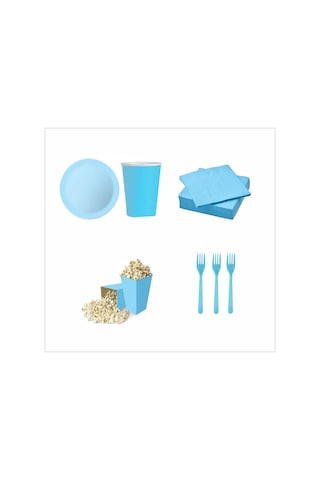 8 Mavi Tabak, 8 Mavi Bardak, 8 Mavi Mısır Kutusu, 10 Çatal, 10 Peçete