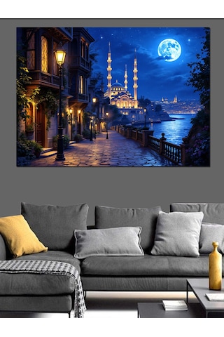 Gece İstanbul Camii Manzarası Dekoratif Kanvas - Mdf Ahşap Tablo