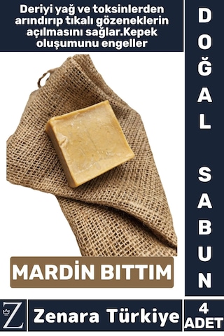 Bitkisel Organik Doğal Saç Yüz Vücut El Kullanım Yağ Toksin Kepek Önleyen Sabun Mardin Bıttım 4 Adet