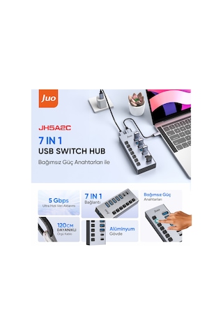 Juo Usb-a 7 Portlu Anahtarlı 5 Usb-a 2 Type-c 5gbps Usb 3.1 Çoklayıcı Dönüştürücü Hub