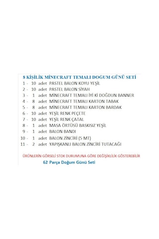 8 Kişilik Minecraft Temalı Doğum Günü Seti