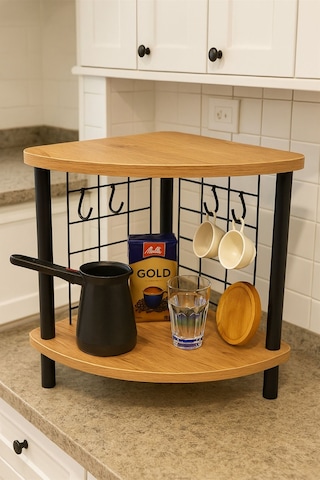 Mutluluk Köşesi Tezgah Üstü Raf Mini Kahve Köşesi Ve Baharatlık 6 Kancalı Organizer Çam