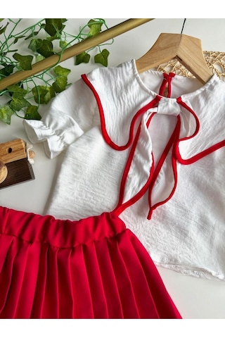 Yazlık Kısa Kollu Bluz Pileli Etek Kız Çocuk Takım Kırmızı