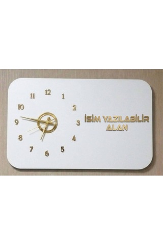 Odak Serisi: Modern Ve Kişiselleştirilebilir Ahşap Duvar Saati 80x50 Cm Beyaz Üzeri Gold Renk Altın - Beyaz