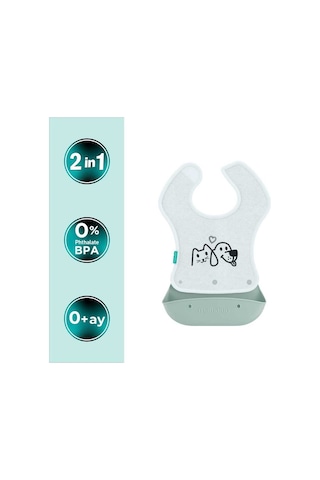 Mamajoo Silikon & Kumaş Katlanır Mama Önlüğü | 2-in-1 Powder Green + Kumaş Önlük