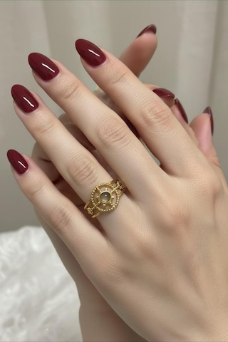 Gold Renkli Ayarlanabilir Taşlı Çelik Yüzük Altın