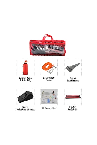 2li Set 4 Gen Çanta 7pcs + 38pcs Oto Trafik Seti + İlk Yardım Seti Yangın Tüpü 1kg 2pcs Reflektör Bez Kemer Çekme Halat 2.9mt Araç Takoz Buz Kazıma Set Çantası Bx40