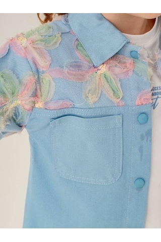 Kız Çocuk Tüllü Çiçek İşlemeli Kot Ceket T-shirt İkili Takım-15512 Mavi