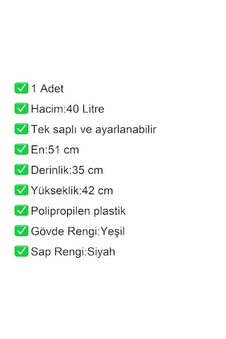 2 Tekerlek Plastik Alışveriş El Sepeti 40 Litre Yeşil 1 Adet / En:51 Boy:35 Yükseklik:42 Cm