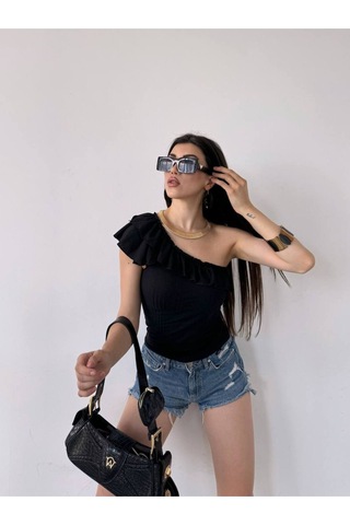 Tek Omuz Fırfır Detaylı Bluz Siyah Siyah