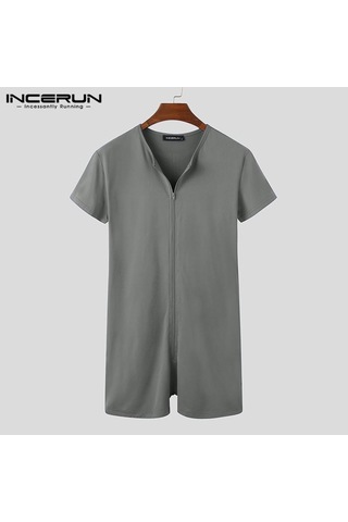 İncerun Yaz Erkek Ev Giyim Tulum Kısa Kollu Fermuarlı Pijama Pijama Siyah