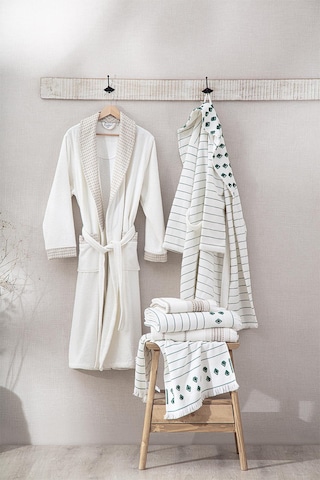 Ecocotton İmre Bej-yeşil "m-l" %100 Organik Pamuk Müslin Jakarlı Aile Bornoz Seti Bej - Yeşil