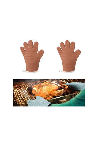 2 Adet Karamel Renkli Silikon Fırın Eldiveni - Aşırı Isı Diğer