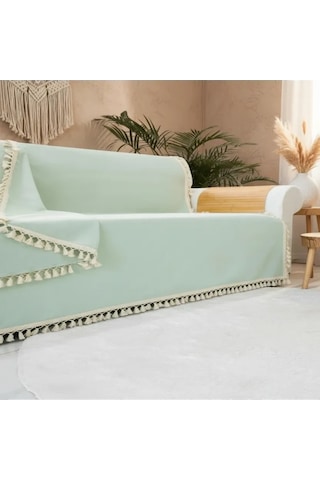 Premium Keten Adaçayı Ponponlu Koltuk Örtüsü 170 X 220